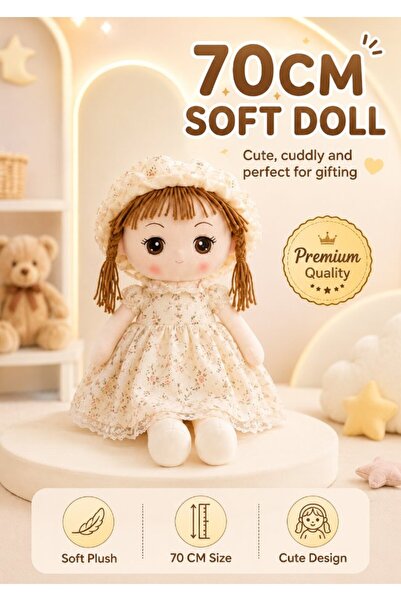 DAT Soft Plush Girl Doll with Floral Dress, Lace Bonnet & Yarn Braids 70cm – ...