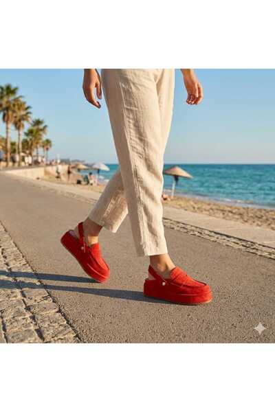 Oneka Shoes صندل نسائي يومي باللون البرتقالي من جلد الفروسويد لوفر كاشاك 2606...