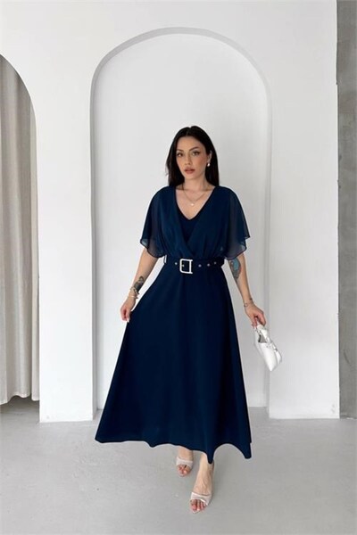 Dipmoda Rochie de damă, albastru marin, din șifon, cu mâneci, decolteu în V, ...