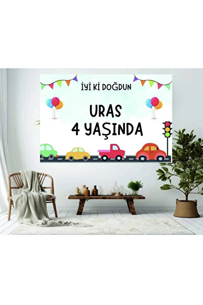 Kişiye Özel Arabalı Sevimli Doğum Günü Happy Birthday Afiş Duvar Pankart
