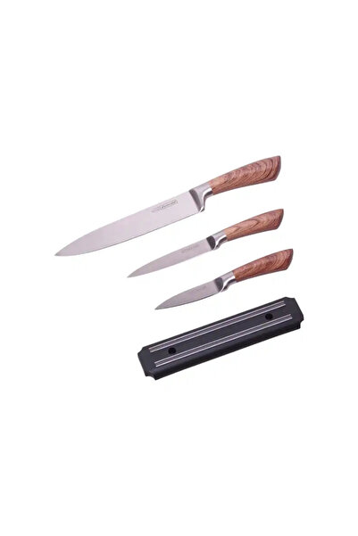 Kamille Set de 3 cuțite, din oțel inoxidabil, cu suport magnetic, mâner din lemn