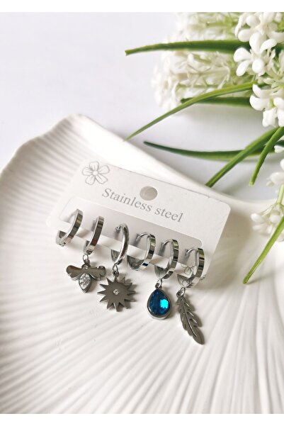Halley Concept Silver Aura Set of 6 Multiple Steel Earrings