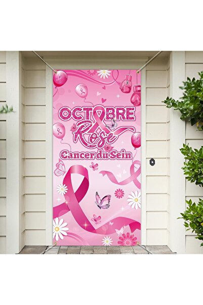 Dpkow French October Pink Door Banner for October Pink Breast Decoration, Pin...