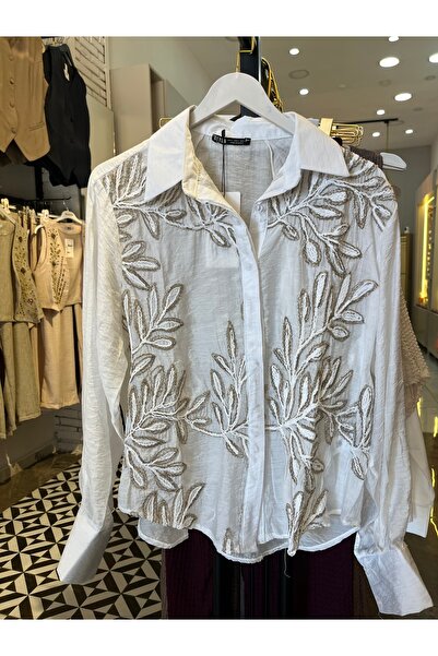 Butik ekru sim ipli kabartma nakışlı tasarım gömlek