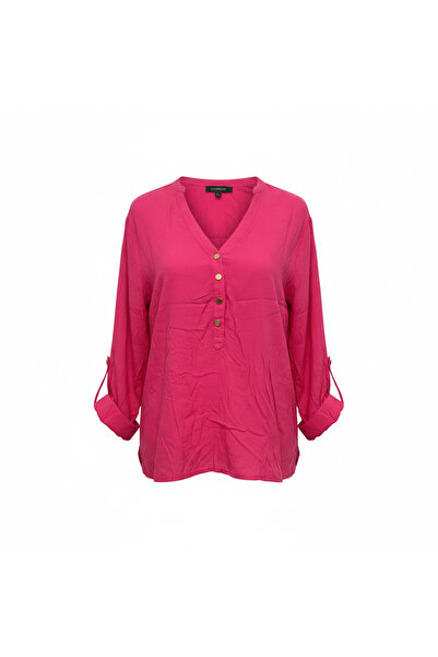 Cortefiel Women's Fuchsia Pink Roll-Tab Sleeve Blouse