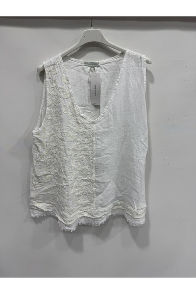 della moor Italian White Floral Embroidered Zero Sleeve Linen Blouse 40 - 44 ...