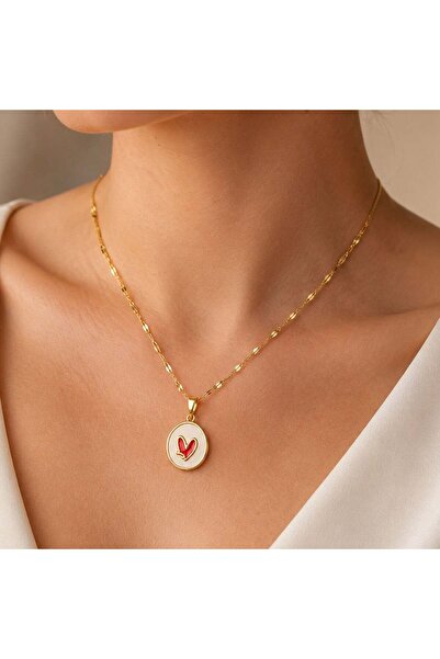 Bk Gift Heart Figured Enamel Women's Necklace - Non-Tarnishing Gold Steel Nec...