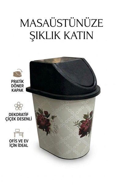 Genel Markalar Çiçek Desenli Sallanır Kapaklı Tezgah Üstü Çöp Kovası - Mini B...