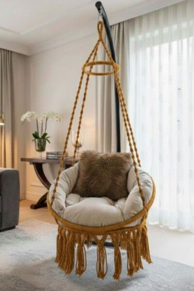 WOODSHUT Tek Kişilik Makrome El Örgüsü Salıncak Minderli (SARI) Mis38003SarıM...