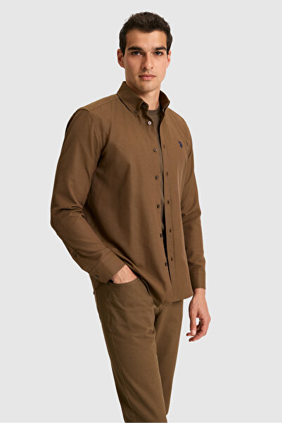 U.S. Polo Assn. Cămașă de bază maro cu mânecă lungă pentru bărbați 50324708-VR029