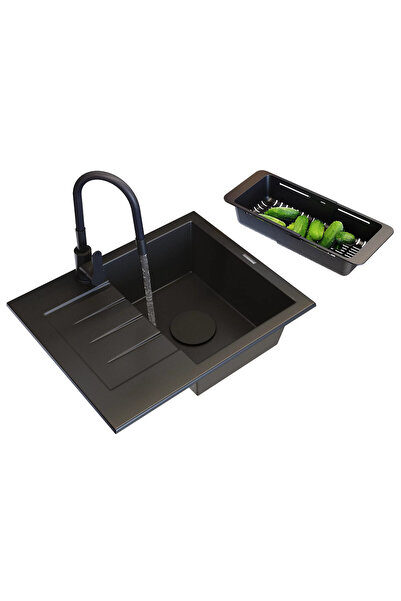Granitan Set chiuveta granit negru Milano, cu baterie Grado si cos pliabil