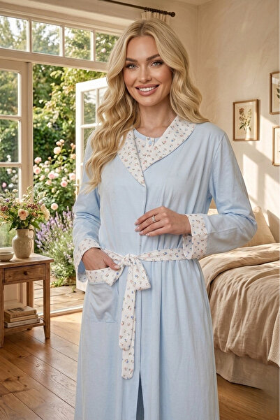 Lohussa New Season Blue Shawl Collar Patterned Buttoned Design 100% Cotton Lo...