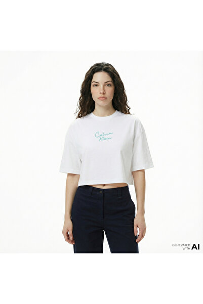 Calvin Klein Cropped Boxy Chain Stitch Logo Kadın Beyaz Crop T-Shirt