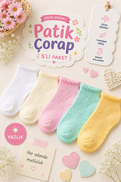 SEVORIA 5 Çift Yazlık Kız Çocuk Çiçek Desenli Patik Çorap 5'li Paket Yazlık Ç...