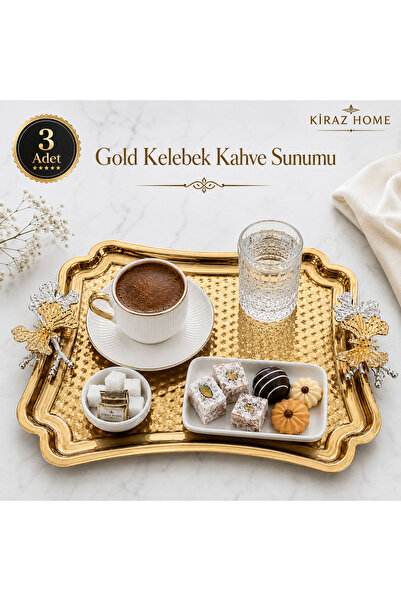 KİRAZHOME 3Adet Premium Kelebek Detaylı Gold Metal Sunumluk Tepsi Kahve Lokum...