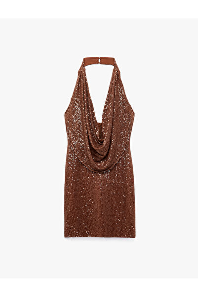 Koton Sequined Slim Fit Drape Collar Sleeveless Mini Evening Dress