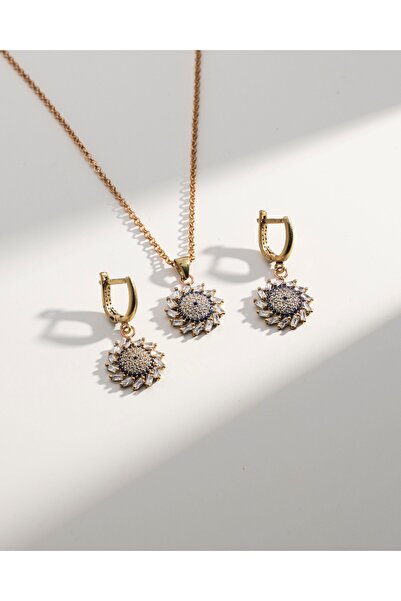 Sırlı Sepet Zirkon Taşlı Güneş Motif Bronz Kolye Küpe Seti