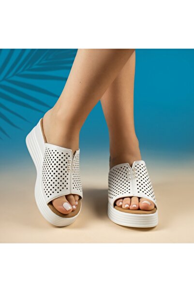 Modlet.ro Women's white casual platform mules with perforations ZOE8