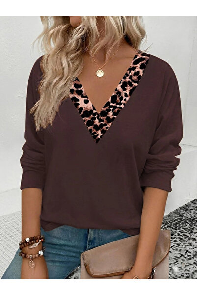 Generic Brand Women's Long Sleeve V-Neck Leopard Detailed Viscose Two Thread ...