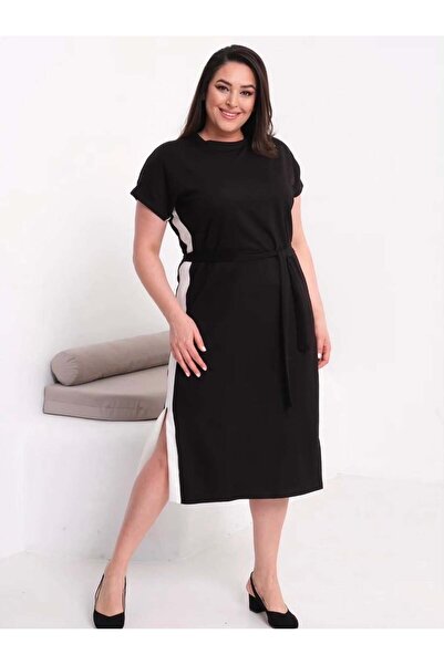 kısmet sepeti Women's Black and White Belt Detailed Combed Cotton Stylish Dress
