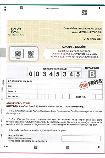 Üç Dört Beş Yayıncılık Üç Dört Beş AYT 2025 SON PROVA (9-12 Mayıs) Tekli Kuru...