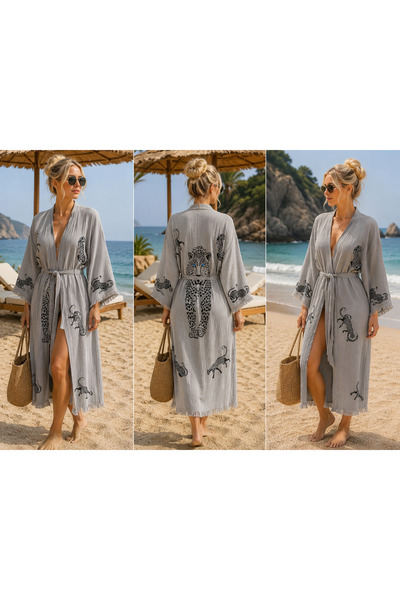 Store Kadın Modern Şerit Detaylı Müslin Kimono Kuşaklı Uzun Plaj Kimonosu Gri