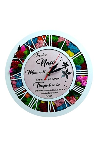 OEM Wall clock decorated with stabilized lichens, personalized with a standar...