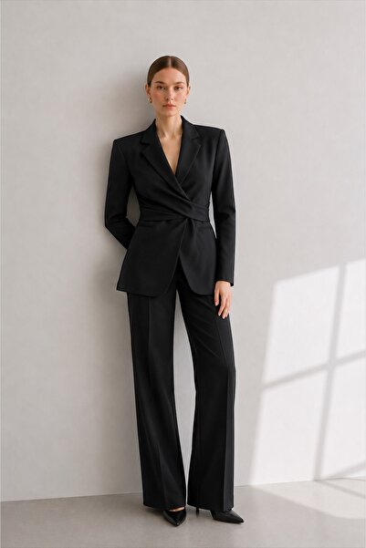 S Modest Collection KRUVAZE BAĞLAMALI KREP KUMAŞ BLAZER CEKET PALAZZO PANTOLO...