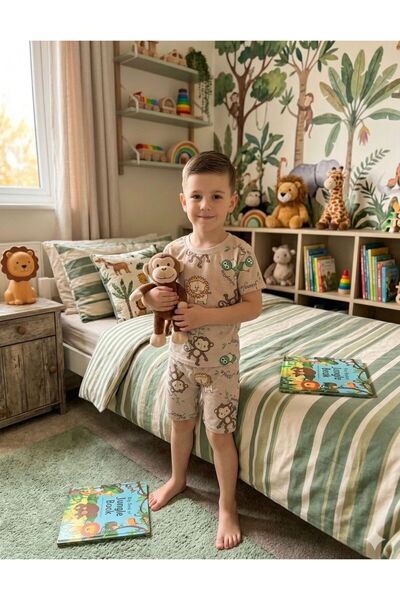tusem butik homewear Dečački pamučni bež set pidžama sa majmunskim safari uzo...