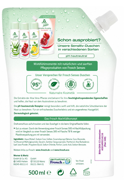 Frosch Senses Aloe Vera Shower Gel for Sensitive Skin Refill Pack 500 ml X 2 Pieces
