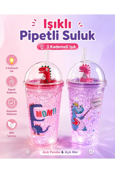 AYSİMA Hediox Pipetli Suluk Dinazor Temalı Buz Görünümlü LED Işıklı 450 ml Çi...