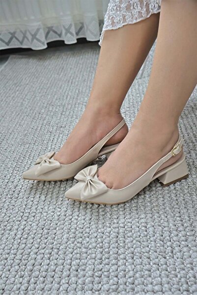 asmi shoes Women's mina cream open back pointed toe bow detailed 4 cm heeled ...