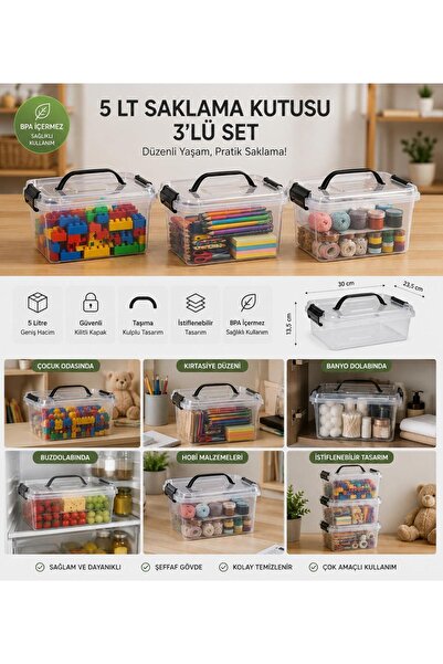 LOREMPBOX 5 Litre Kulplu Kilitli Şeffaf Saklama Kutusu 3’lü Set – İstiflenebi...