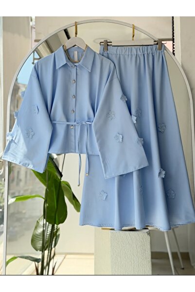MODA VEDAT Kadın Lazer Kesim Çiçek Aksesuarlı Etekli Takım -0550