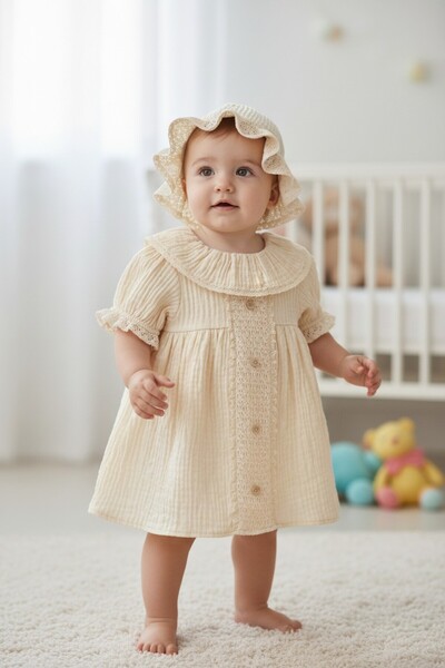 Butik Baby Girl Muslin Fabric Lined Zipper Dress with Hat