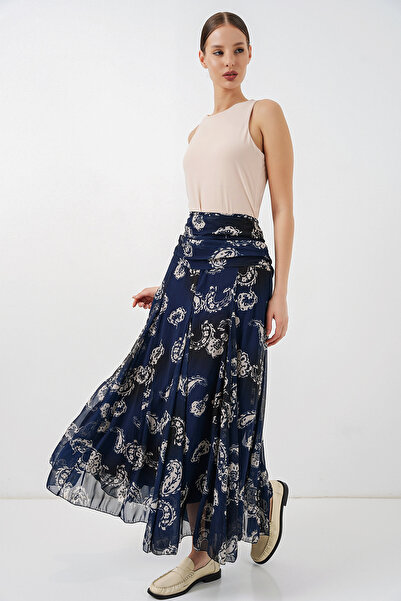 Merterium Women's Patterned Chiffon Skirt 1467 - Navy Blue