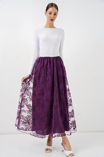 Merterium Women's Flocked Printed Long Tulle Skirt 1480 - Purple