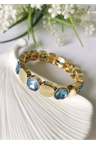 Halley Concept Blue Crystal Stone Gold Steel Elastic Bracelet