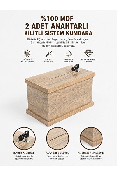 BOZKURT CNC Kumbara Kilitli 2 Adet Anahtarlı %100 MDF Kıymetli Eşya Kutusu