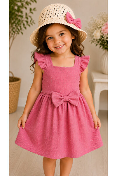 Kuzucuk Kids Bebek Çocuk Butik Kız Çocuk Simli Bordo Fiyonklu Yazlık Elbise