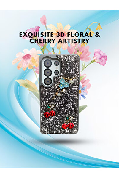 FASHION CASE غطاء هاتف فاخر ثلاثي الأبعاد مرصع بالأحجار الكريمة على شكل كرز ل...
