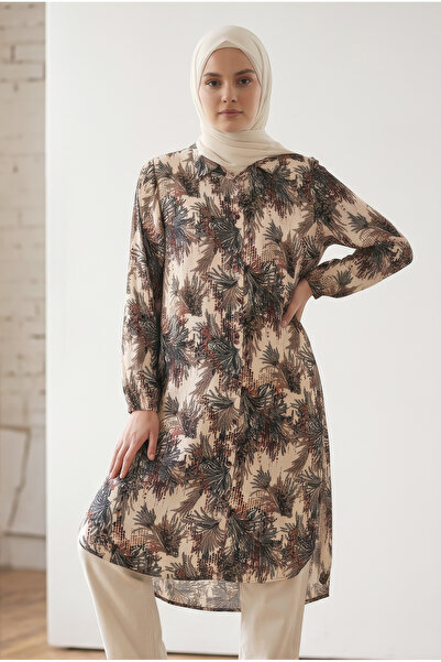 tuvadi Women's Coffee Color Authentic Leaf Patterned Viscose Shirt - Hijab Sh...