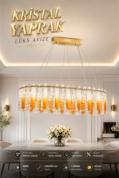 Elvora Home Modern (PREMIUM) Kristal Taşlı Amber Yapraklı Gold Sarkıt Avize 3...
