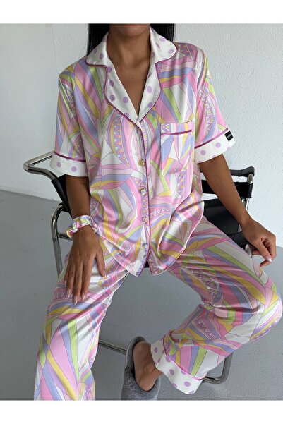 Pijamaya Premium Saten Kumaş Düğmeli Kısa Kollu Uzun Pijama Takımı - Bandaj v...