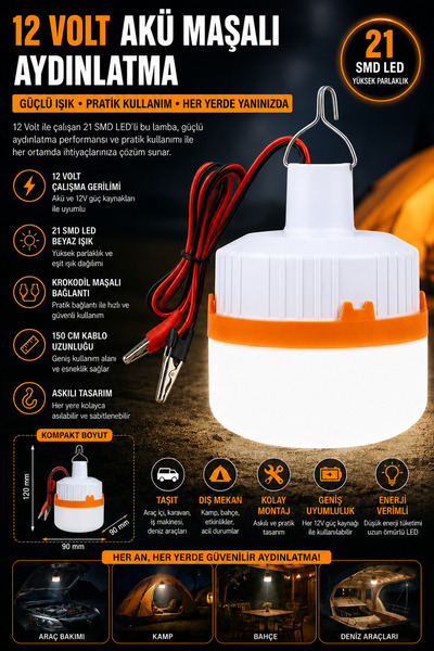 nelerbulurum 12 VOLT KROKODİL MAŞALI UÇLU 21 SMD LEDLİ LED LAMBA KAMP LAMBASI...