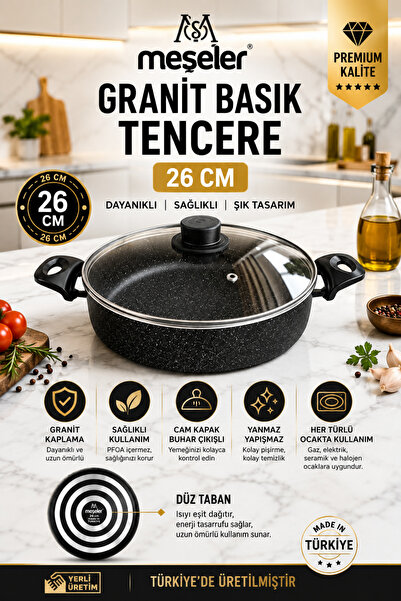 MEŞELER Granite Flat Pan 26 cm with Glass Lid Black – Non-Stick Coating