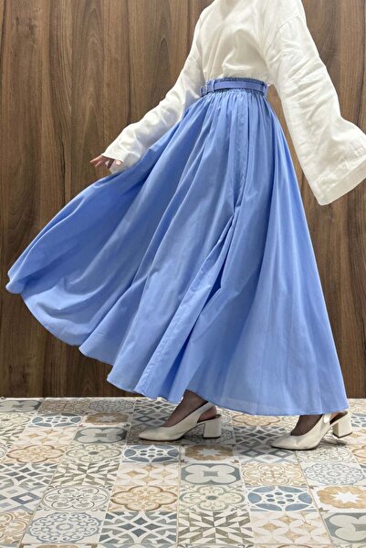 Faya Boutique تنورة كتان زرقاء بحزام