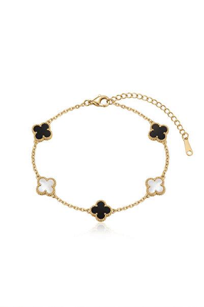 Elika Silver Black and White Enamel Flower Model Gold Brand Bracelet