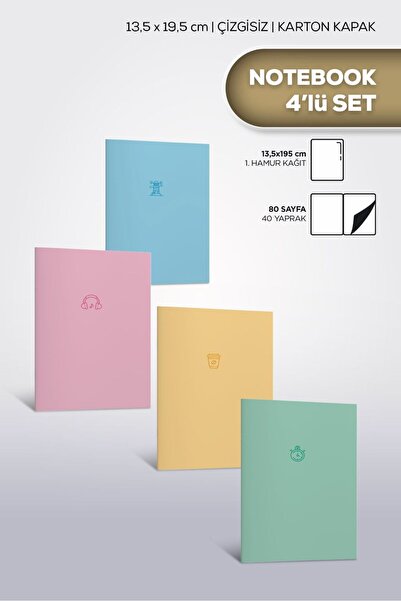 Marka Yayınları 4'lü Renk Renk Çizgisiz Notebook Seti | Çizgisiz Defter