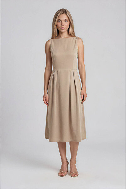 Vitrin Zero Sleeve Pleated Front Midi Dress
